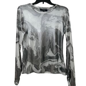 Rachel Roy Sheer Metallic Mesh Top Y2K Futuristic Abstract Swirl Layering Artsy